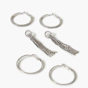 THREE Pair Beautiful Sparkly Rhinestone Hoop & Duster Earring Set